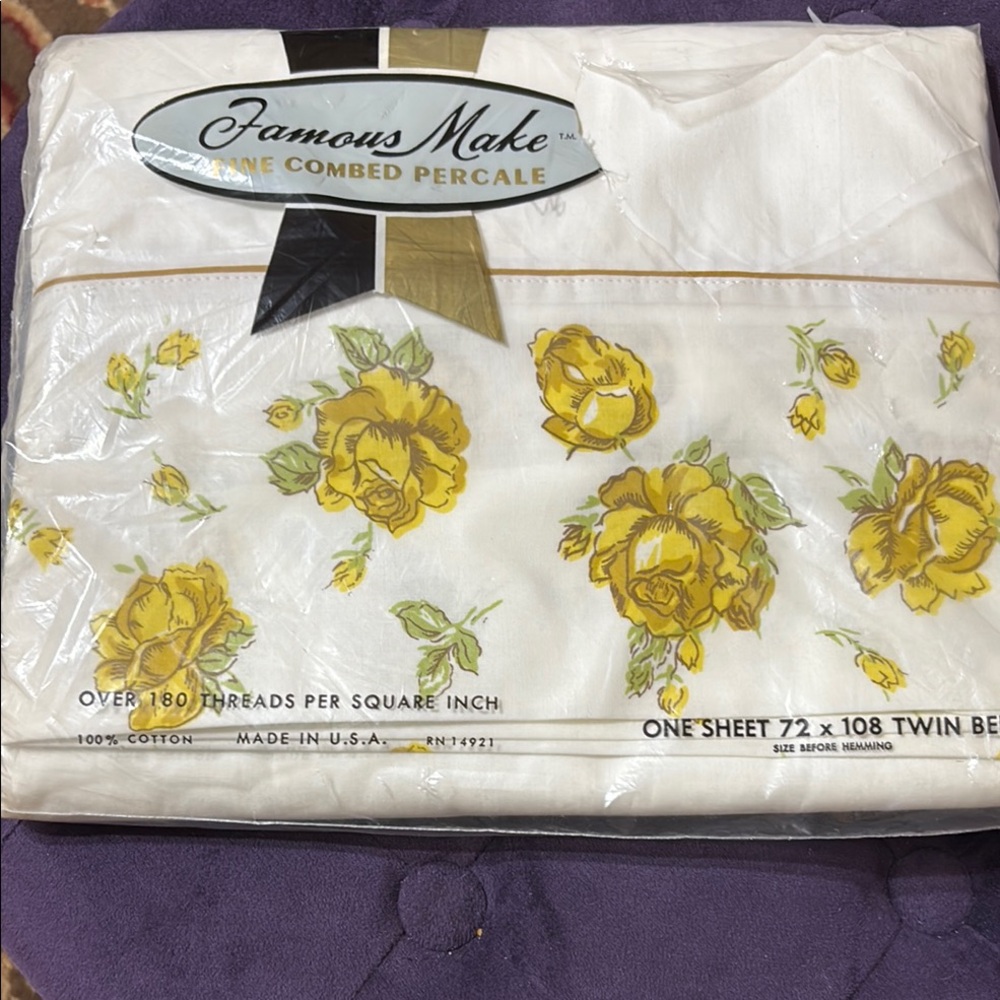Famous Make Yellow Rose large twin flat sheet vintage made in USA